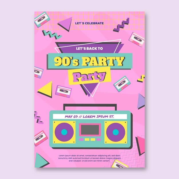 Hand drawn flat design 90s party invitation