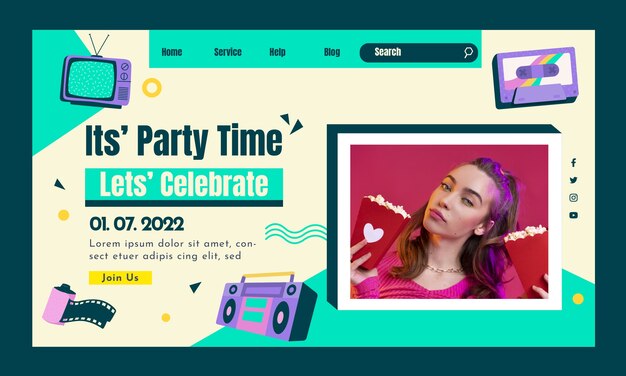 Hand drawn flat design 90s party landing page