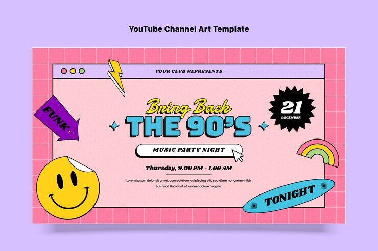 무료 Vector 손으로 그린 플랫 디자인 90 년대 파티 youtube 채널 아트