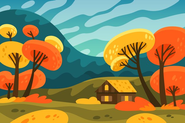 Hand drawn flat design autumn landscape