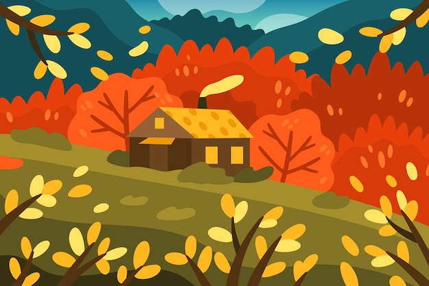 Paesaggio autunnale di design piatto disegnato a mano