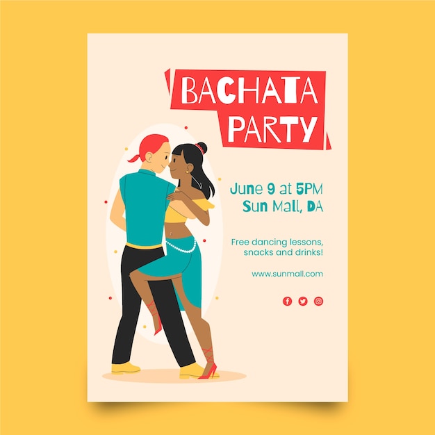 Vettore gratuito manifesto del partito di bachata design piatto disegnato a mano