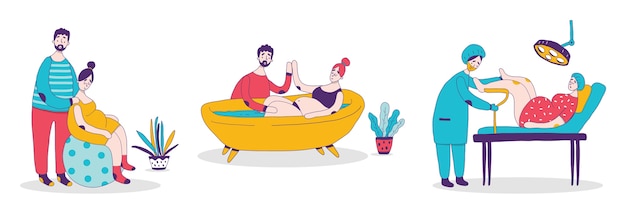 Hand drawn flat design childbirth scenes