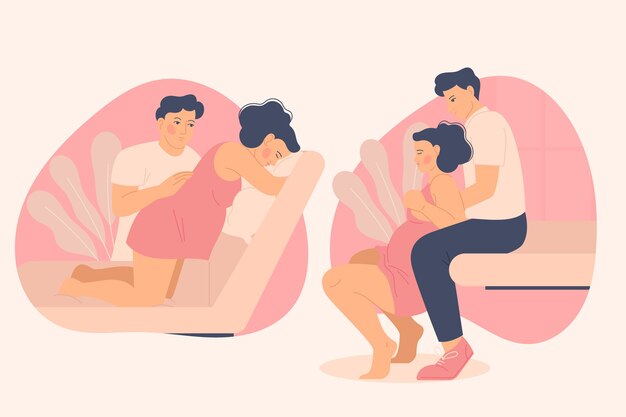 Hand drawn flat design childbirth scenes