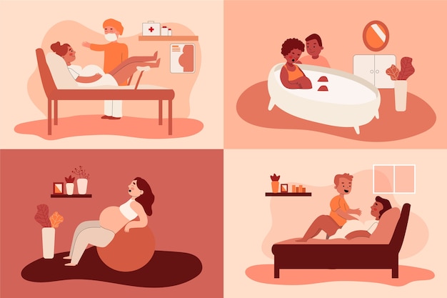 Free vector hand drawn flat design childbirth scenes