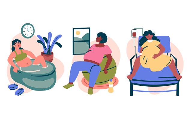 Hand drawn flat design childbirth scenes