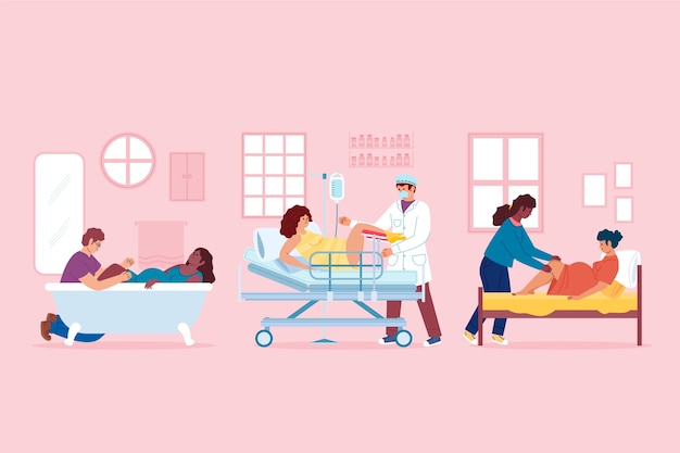 Hand drawn flat design childbirth scenes