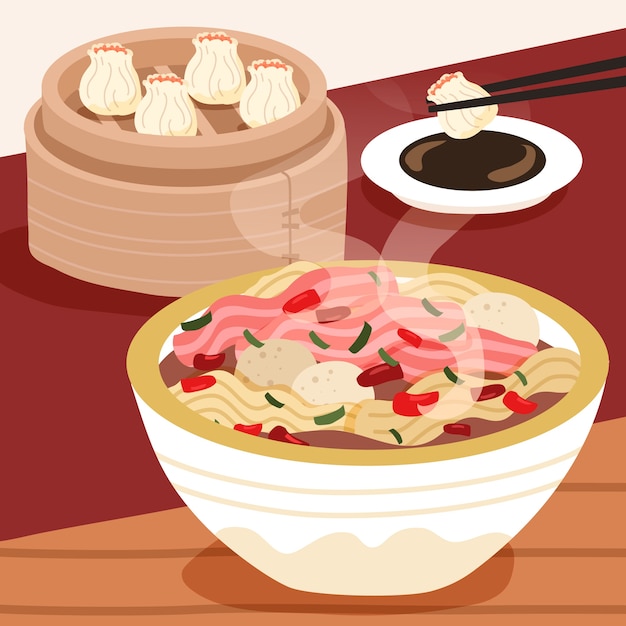 Illustrazione di cibo cinese design piatto disegnato a mano