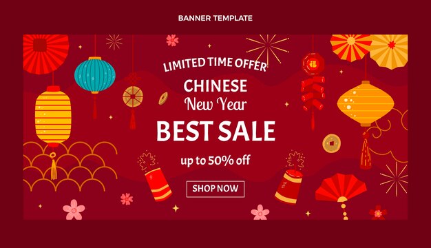 Hand drawn flat design chinese new year sale banner