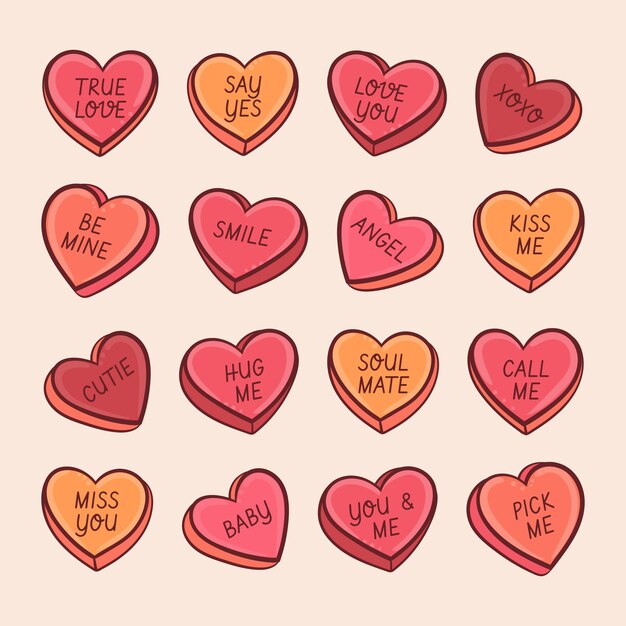 Hand drawn flat design conversation hearts collection