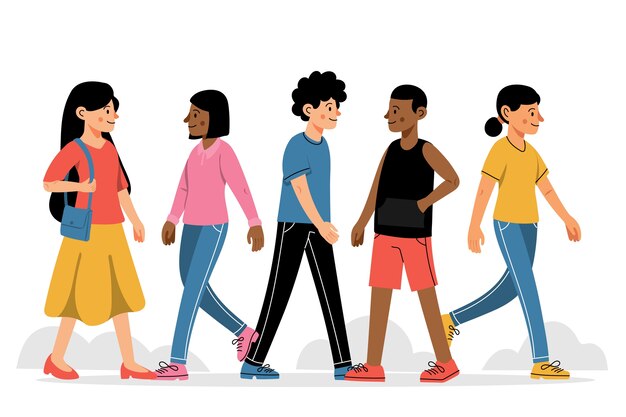hand drawn flat design crowd of people walking illustration
