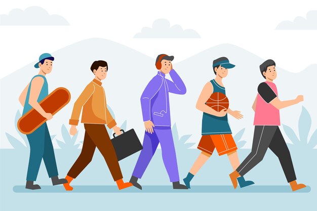 Hand drawn flat design crowd of people walking illustration