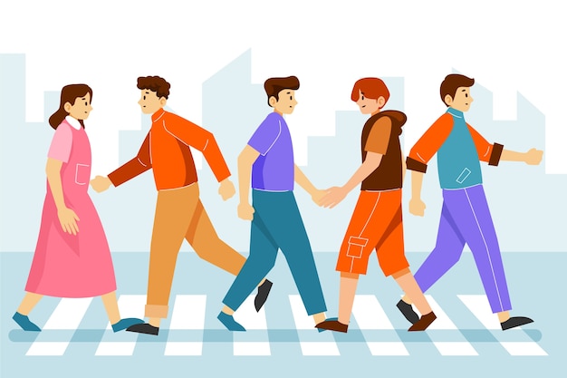 Hand drawn flat design crowd of people walking\
illustration