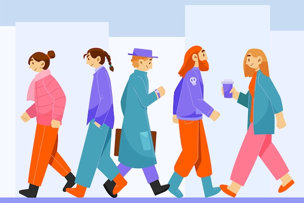 Hand drawn flat design crowd of people walking illustration