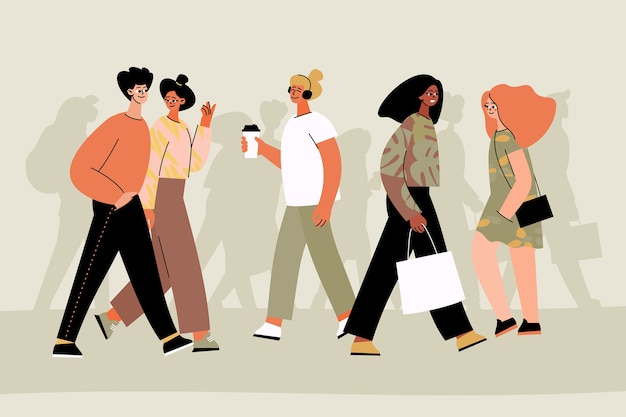 Hand drawn flat design crowd of people walking illustration