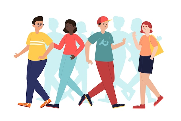 Hand drawn flat design crowd of people walking\
illustration