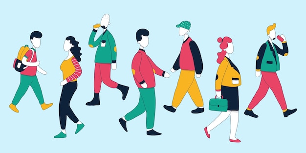 Hand drawn flat design crowd of people walking illustration