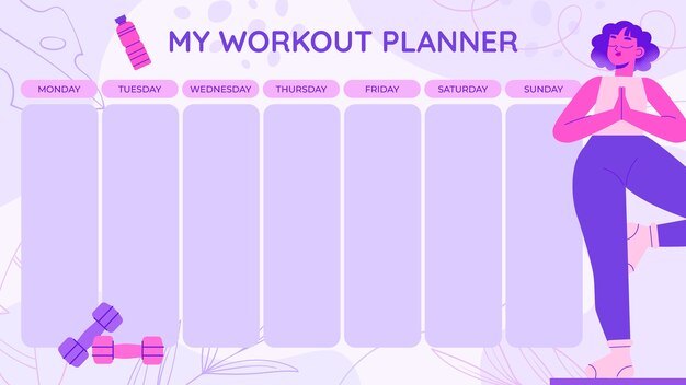 Hand drawn flat design cute weekly workout calendar