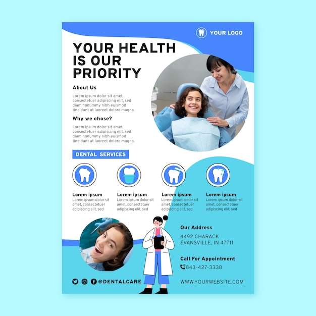 Hand drawn flat design dental flyer template