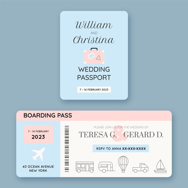 Hand drawn flat design destination wedding invitations