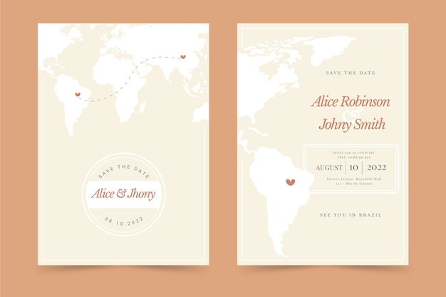 無料ベクター 手描きのフラットなデザインの目的地の結婚式の招待状