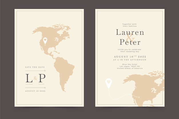 Hand drawn flat design destination wedding invitations