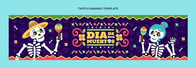 무료 벡터 손으로 그린 평면 디자인 dia de muertos twitch 배너