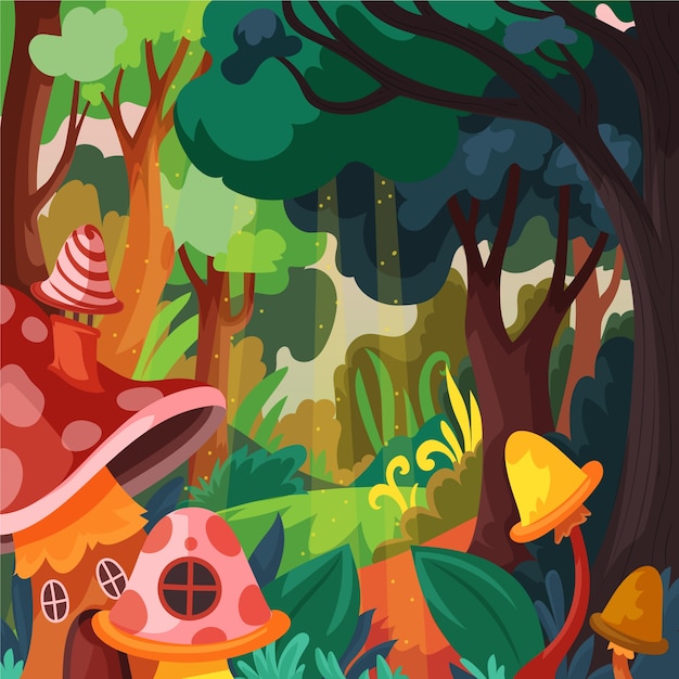 Hand drawn flat design enchanted forest illustration