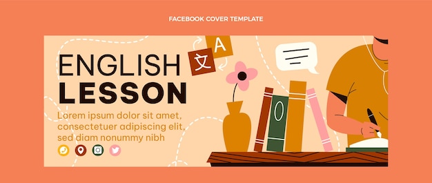 Vettore gratuito copertina facebook di lezioni di inglese design piatto disegnato a mano