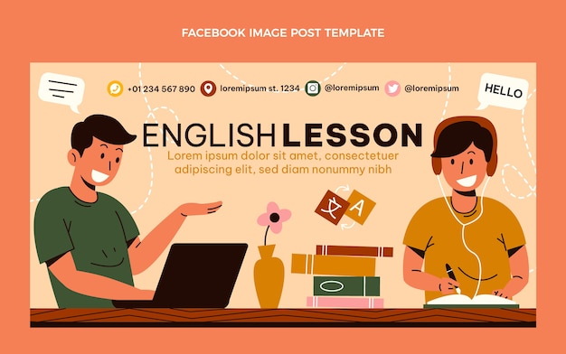 Vettore gratuito post facebook di lezioni di inglese design piatto disegnato a mano