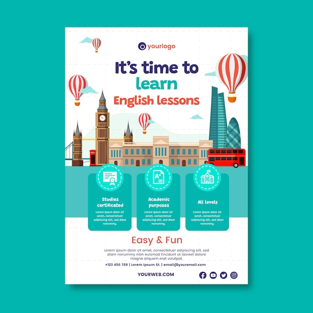 Free vector hand drawn flat design english lessons template