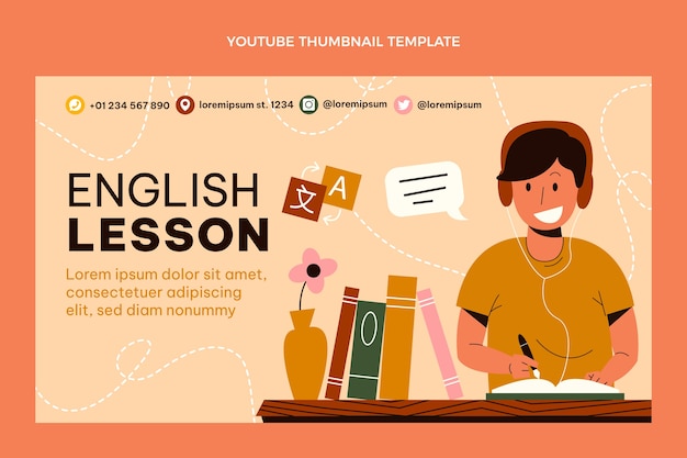 Hand drawn flat design english lessons youtube thumbnail