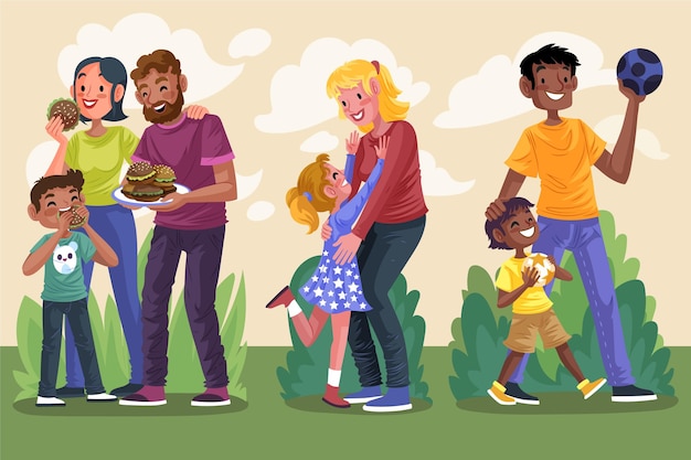 Hand drawn flat design of family scenes