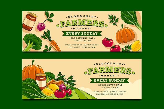 Banner di mercato degli agricoltori di design piatto disegnato a mano