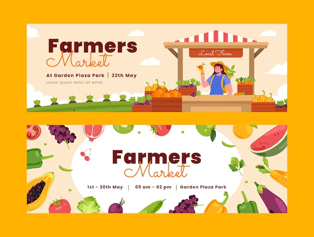 Vettore gratuito banner di mercato degli agricoltori di design piatto disegnato a mano