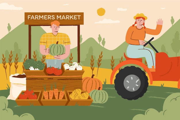 Illustrazione del mercato degli agricoltori di design piatto disegnato a mano