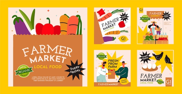 Free vector hand drawn flat design farmers market instagram post collection