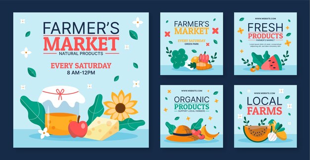 Hand drawn flat design farmers market instagram post collection