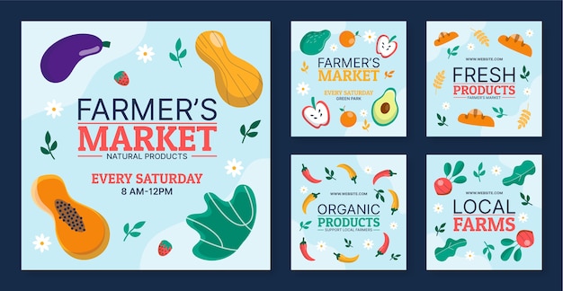 Hand drawn flat design farmers market instagram post collection