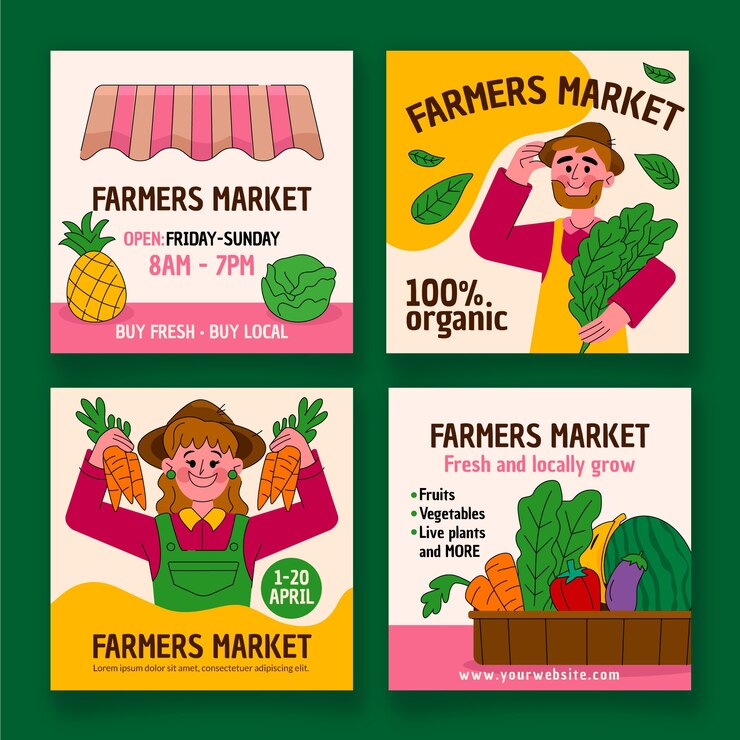 Free Vector hand drawn flat design farmers market instagram post collection