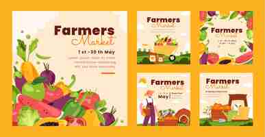 Free vector hand drawn flat design farmers market instagram post collection