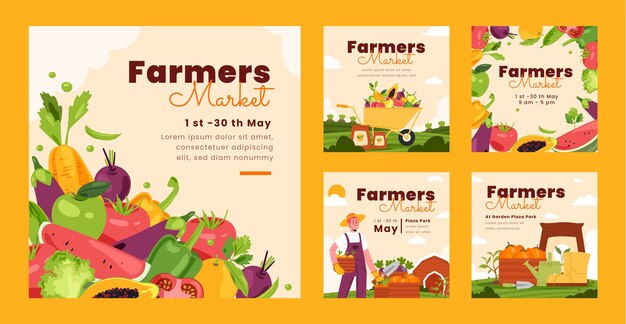 Hand drawn flat design farmers market instagram post collection