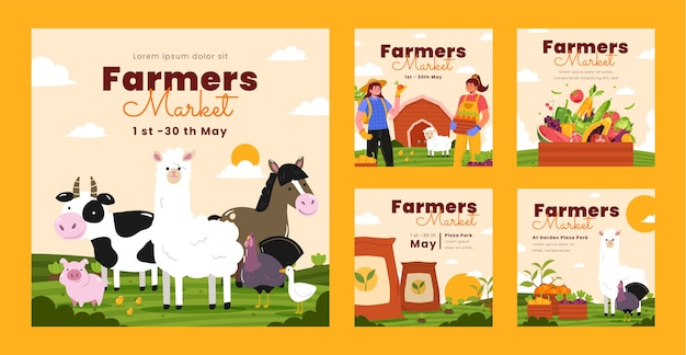 Hand drawn flat design farmers market instagram post collection