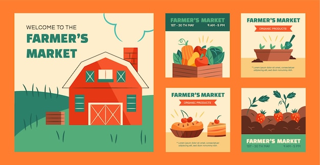 Hand drawn flat design farmers market instagram post collection