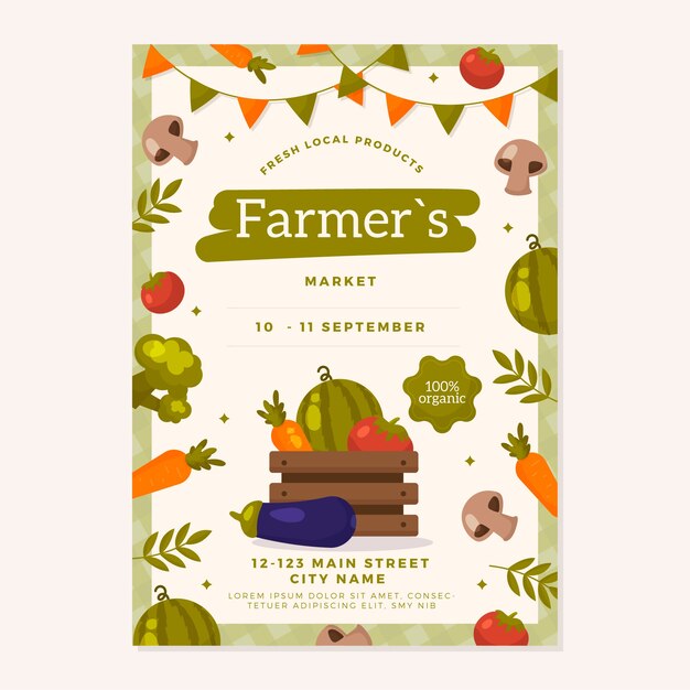 Manifesto del mercato degli agricoltori di design piatto disegnato a mano