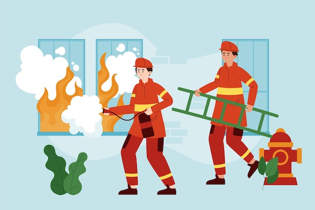 Free vector hand drawn flat design firefighters putting out a fire