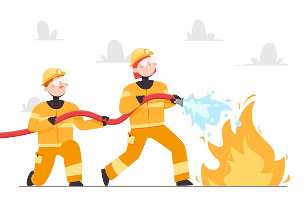 Hand drawn flat design firefighters putting out a fire