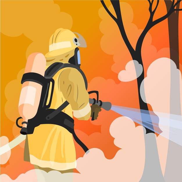 Hand drawn flat design firefighters putting out a fire