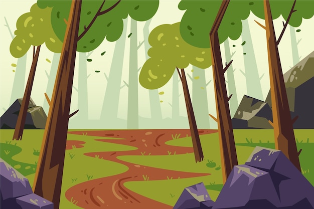 手描きのフラットなデザインの森の風景