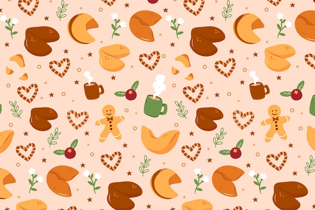 Hand drawn flat design fortune cookie pattern